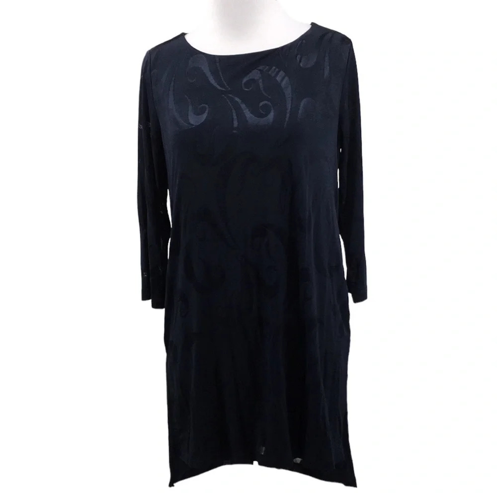 3/$20 Chico’s Travelers Navy Tunic Top Womens 0P Small Petite 3/4 Sleeve Scroll